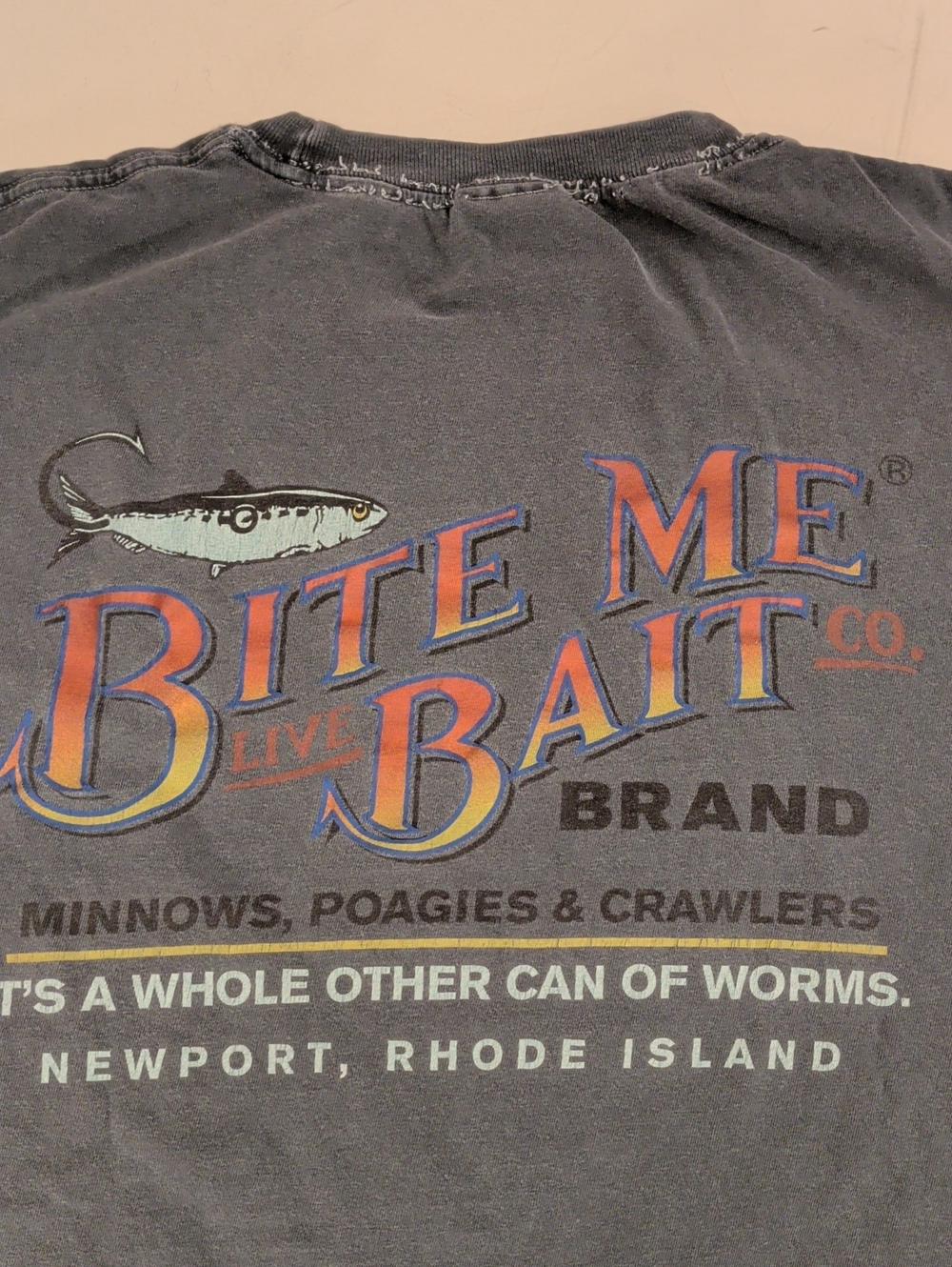 Bite Me Bait Co. Fishing T Shirt Short Sleeve Graphic Tee 100% Cotton Thrashed